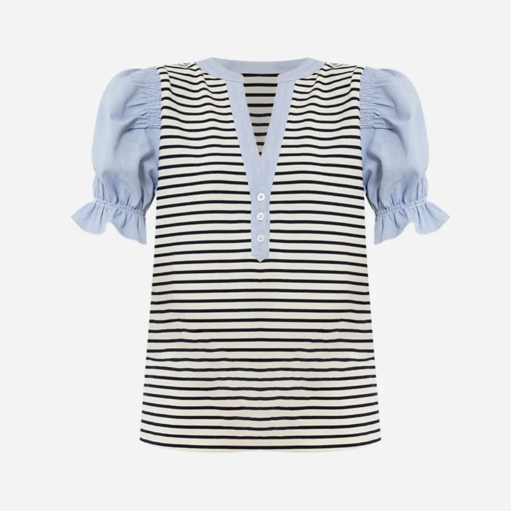 NWOT Tuckernuck POMANDER PLACE Navy Stripe Livia Puff Sleeve Top Size: Large - Picture 1 of 14